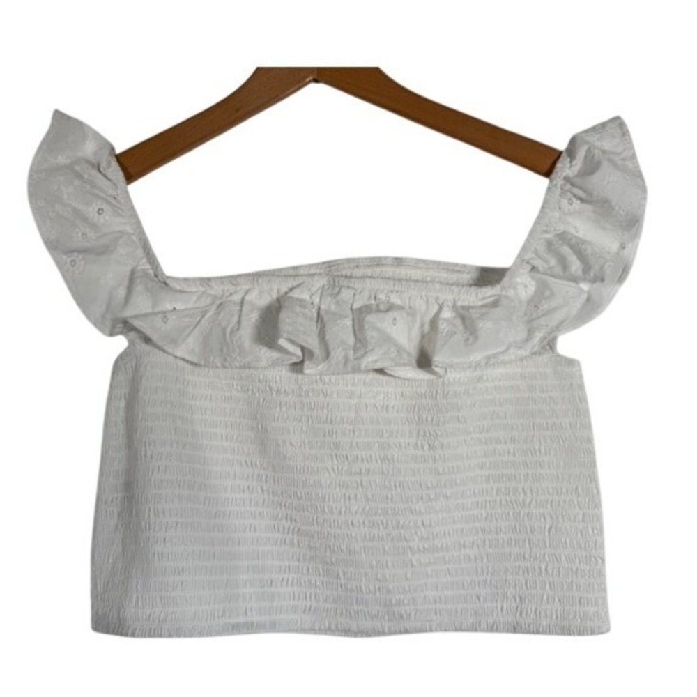 Wild Fable White Eyelet Ruffle Smocked Off Shoulder‎ Crop Top Women's Medium - Picture 5 of 10